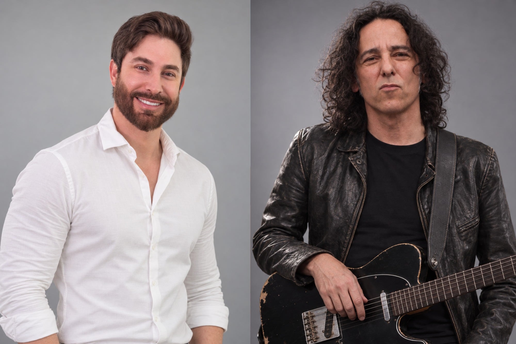 El modelo brasileño Bruno Fernando y el músico argentino Javier Calamaro en su versión digital creada por el estudio Delfi