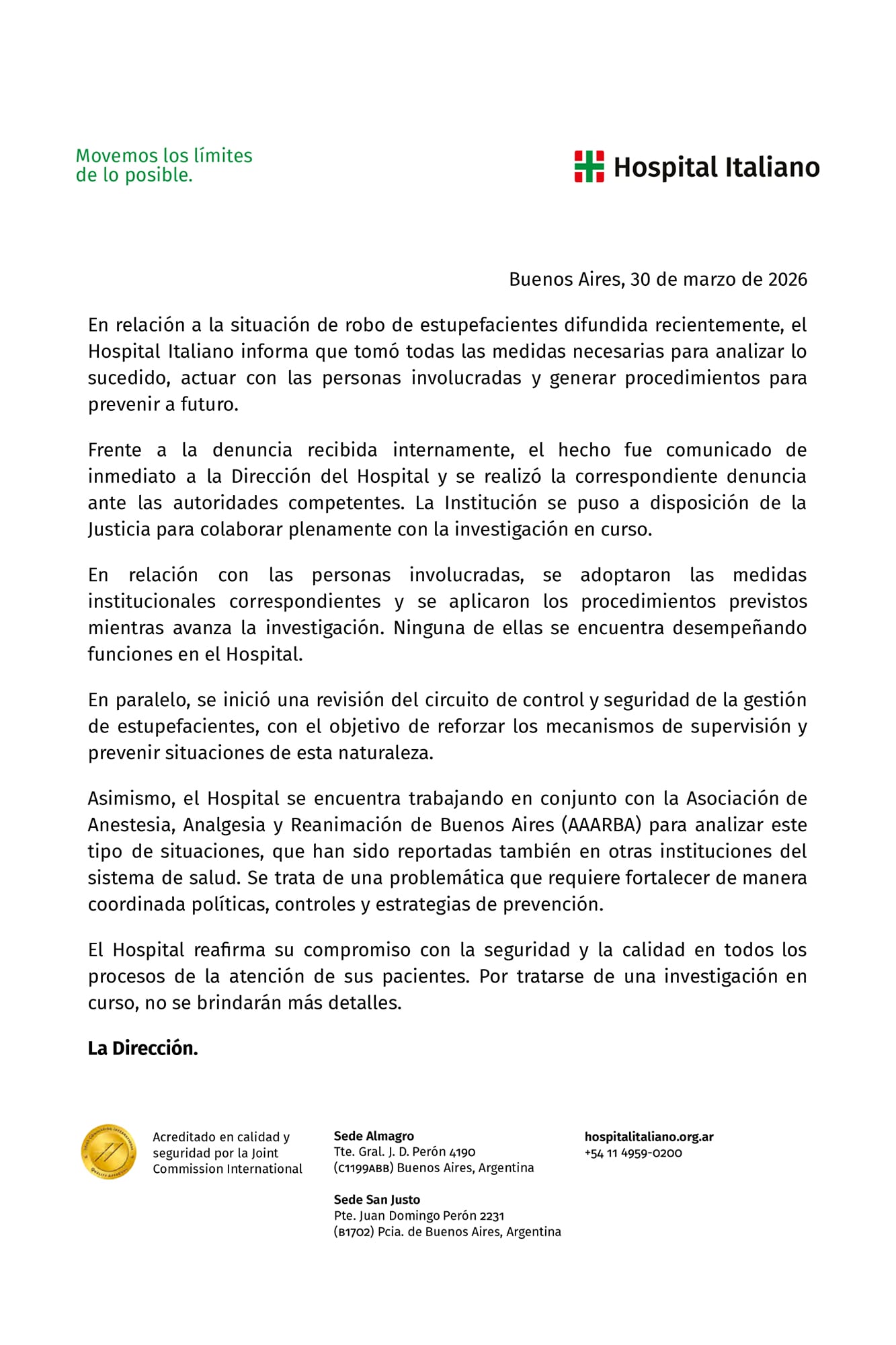 Comunicado del Hospital Italiano