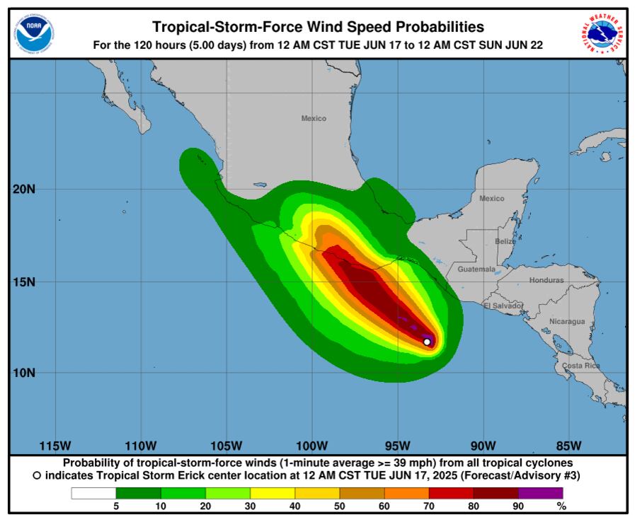 Las aguas del Pacífico oriental alcanzan temperaturas cercanas a los 29 °C, un factor determinante para que Erick incremente su fuerza en las próximas 48 horas y se convierta en huracán