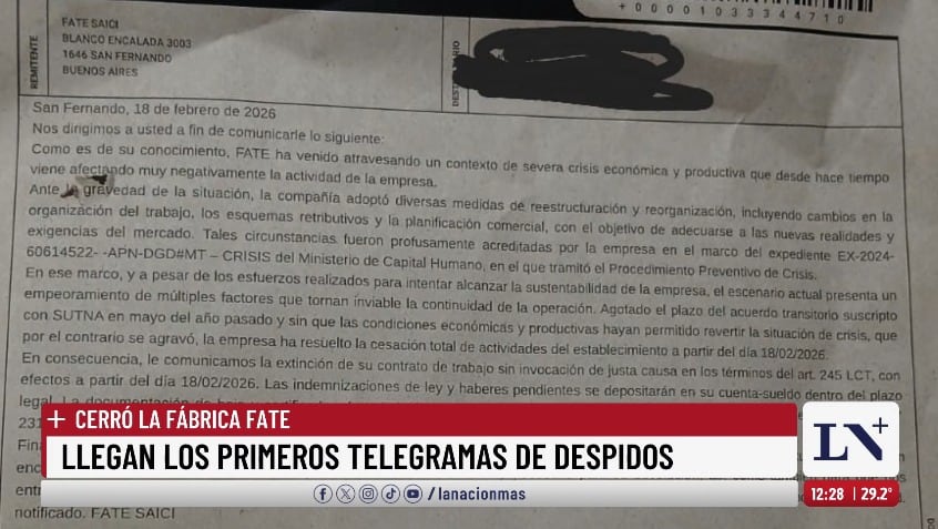 El telegrama de despido que recibieron los empleados de Fate