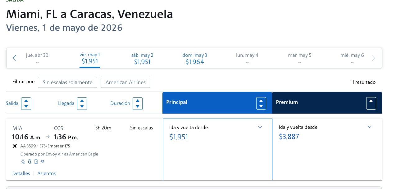 El precio de los boletos de Miami, Florida, a Caracas, Venezuela el 1° de Mayo