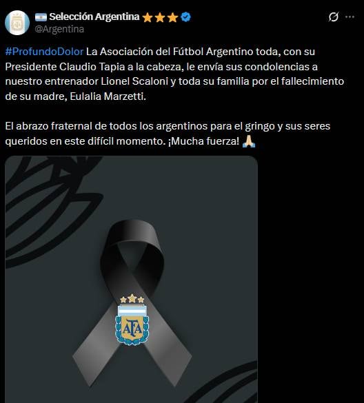 El posteo oficial de la cuenta de la selección argentina para acompañar a Lionel Scaloni tras la muerte de su madre.