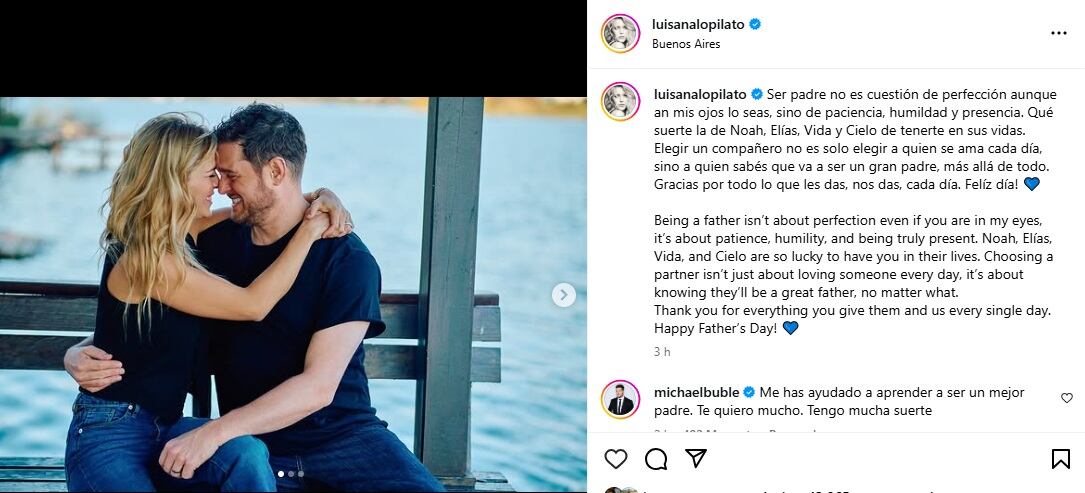 El posteo que Luisana Lopilato le dedicó a Michael Bublé por el Día del Padre (Foto: Instagram @luisanalopilato)