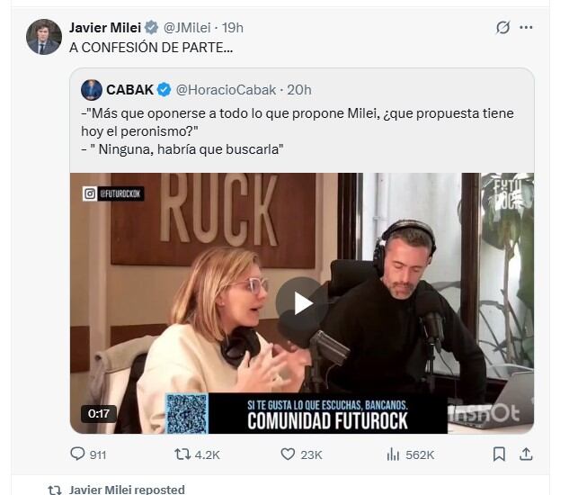 Milei comparte el fragmento editado de una entrevista a Kicillof