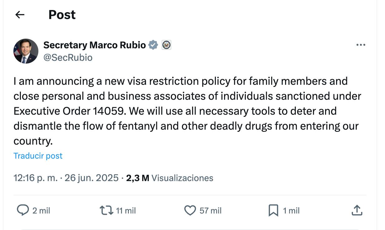 Estados Unidos buscará restringir el acceso a familiares cercanos de narco relacionados con el fentanilo. Foto: Marco Rubio