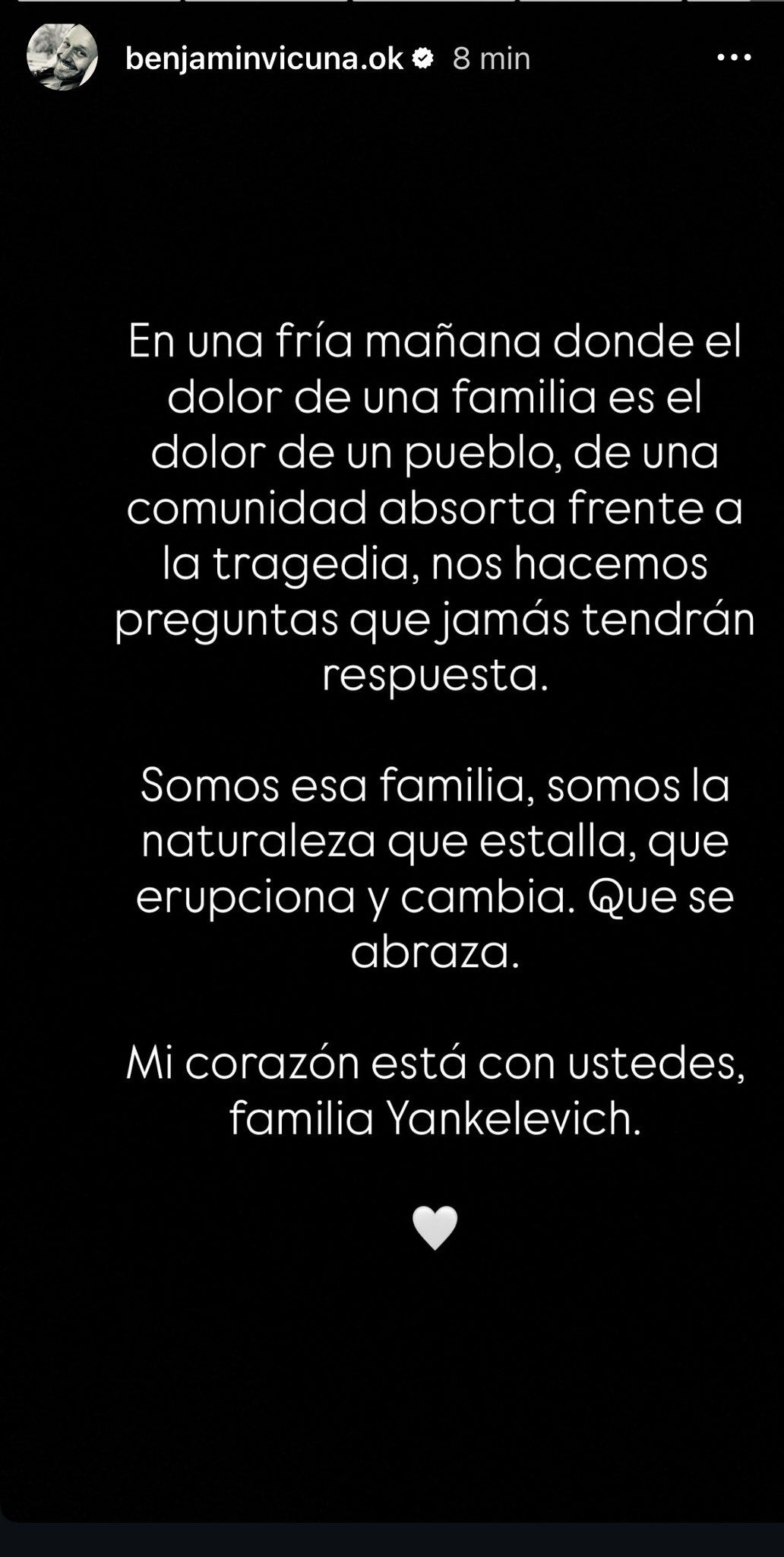 El posteo de Benjamín Vicuña tras la muerte de Mila Yankelevich