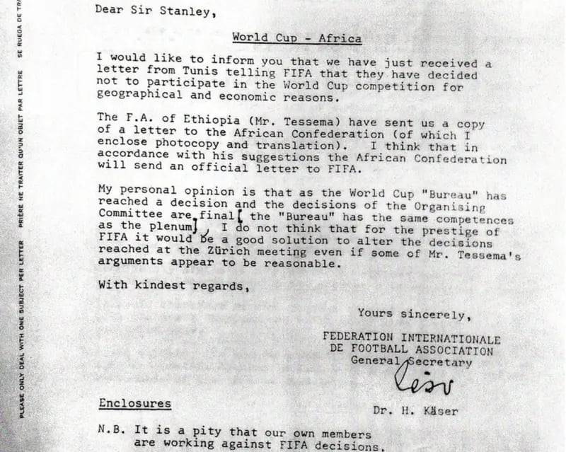 Carta del Secretario General de la FIFA Käser al presidente Stanley Rous donde le informa el boicot de la CAF
