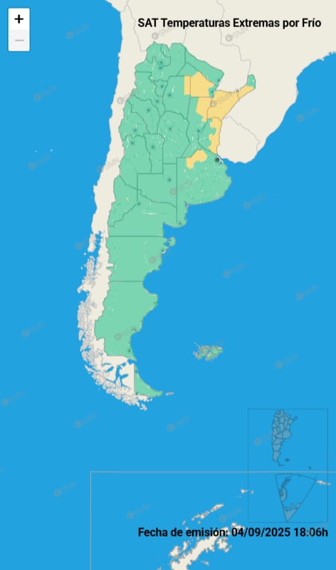 Mapa de alertas por frío extremo para este viernes 5 de septiembre.