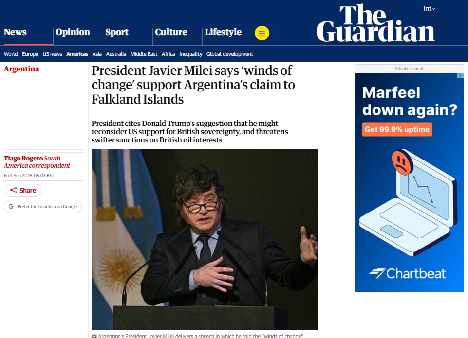 El titular de The Guardian sobre el discurso de Milei