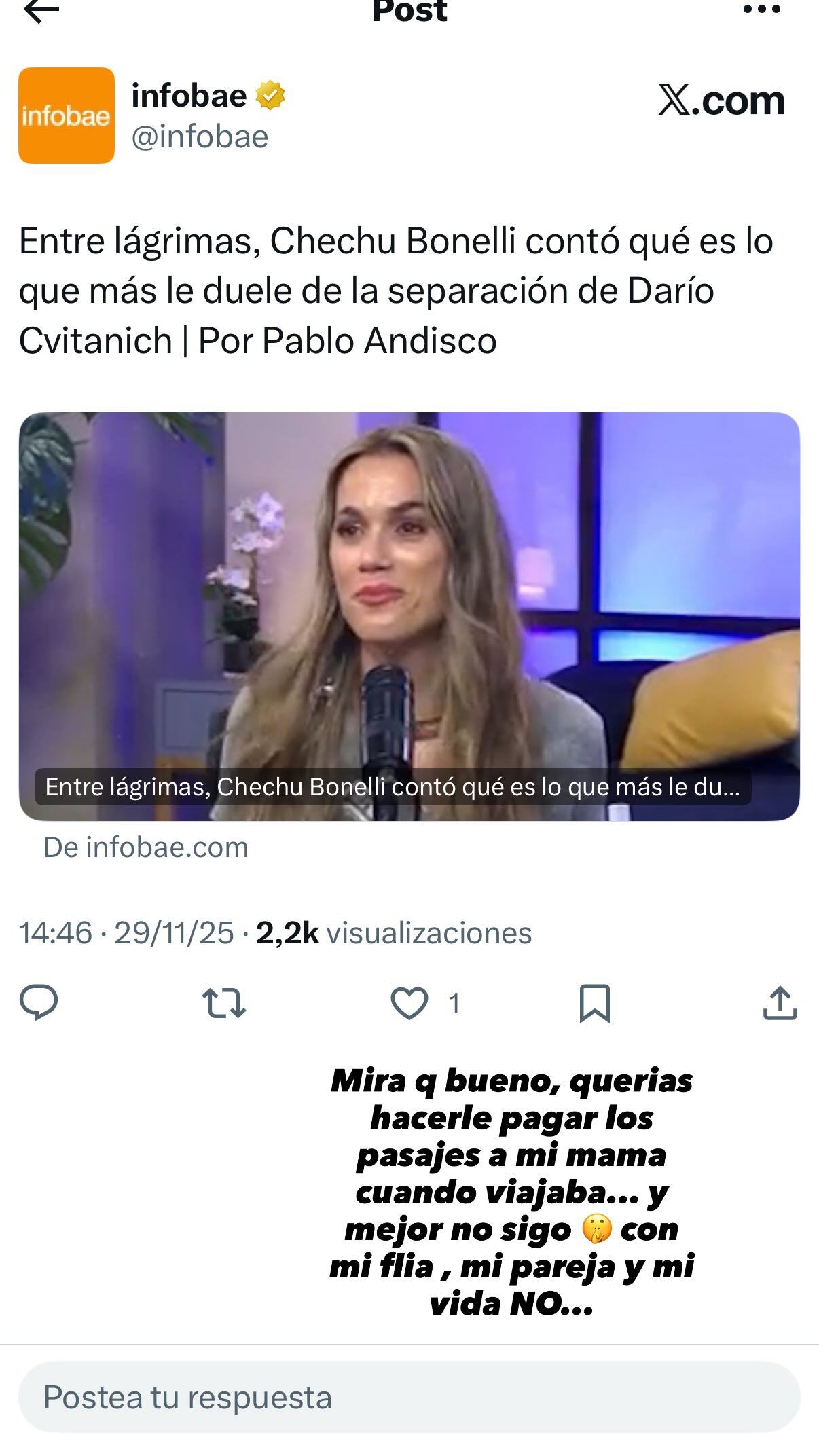 Darío Cvitanich le respondió a Chechu Bonelli en su cuenta de Instagram