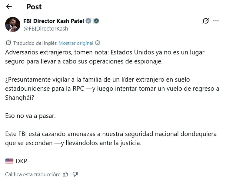 En sus mensajes, Patel advirtió que Estados Unidos ya no es un lugar seguro para realizar operaciones de inteligencia ni para actuar dentro de sus fronteras