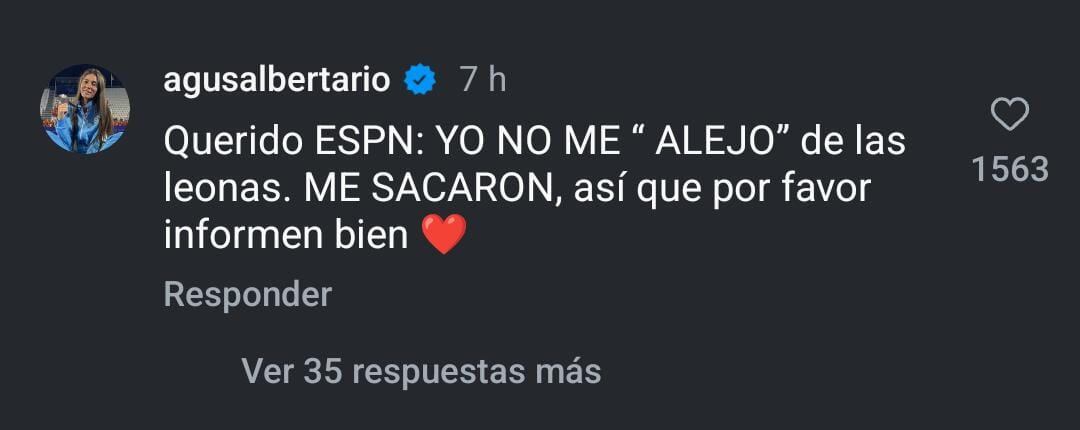 La respuesta de Agustina Albertario a un posteo de ESPN en Instagram