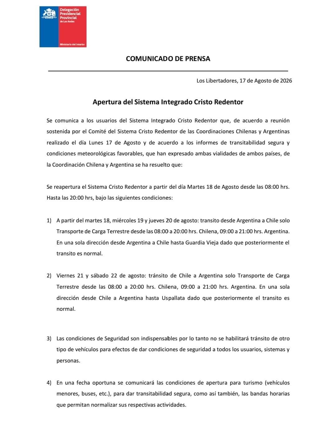 Estiman pérdidas por US$45 millones: los camiones varados empiezan a circular hacia el paso a Chile, que reabre mañana 6 El comunicado de la reapertura