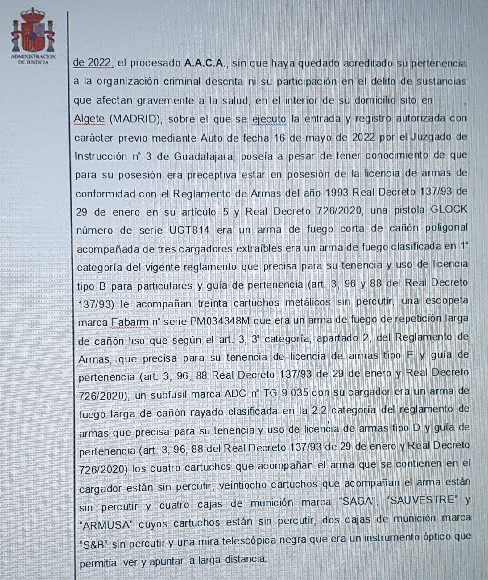 El acta de secuestro de las armas de Alejandro Adolfo Calvete Alonso en España