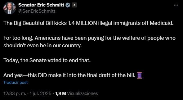 El senador indica que el gran y hermoso proyecto de ley expulsa a 1,4 millones de inmigrantes ilegales de Medicaid