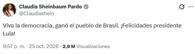 Sheinbaum celebró la victoria de Lula