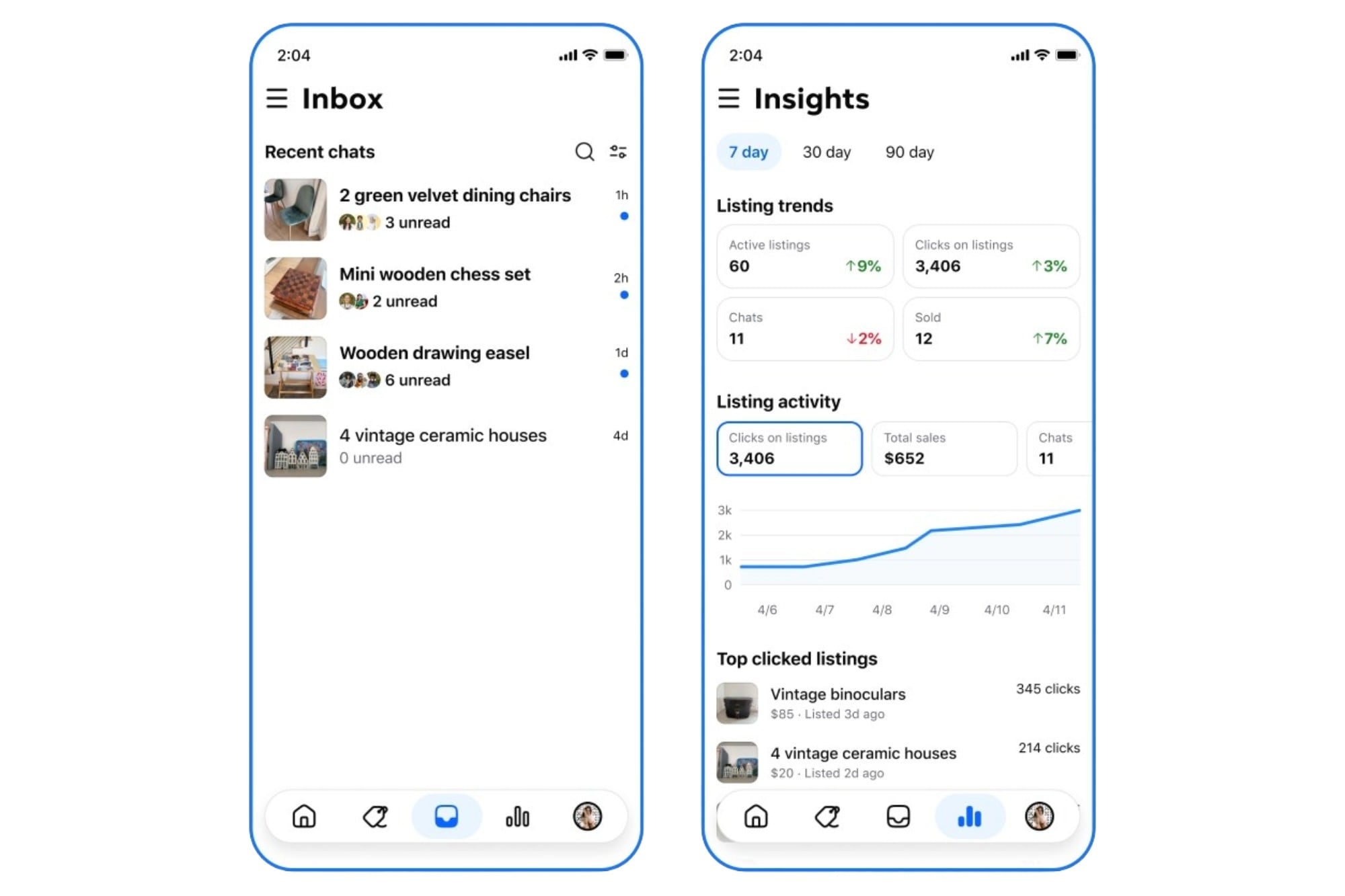 Una vista de Seller, la app que Meta está probando para vendedores de Facebook Marketplace