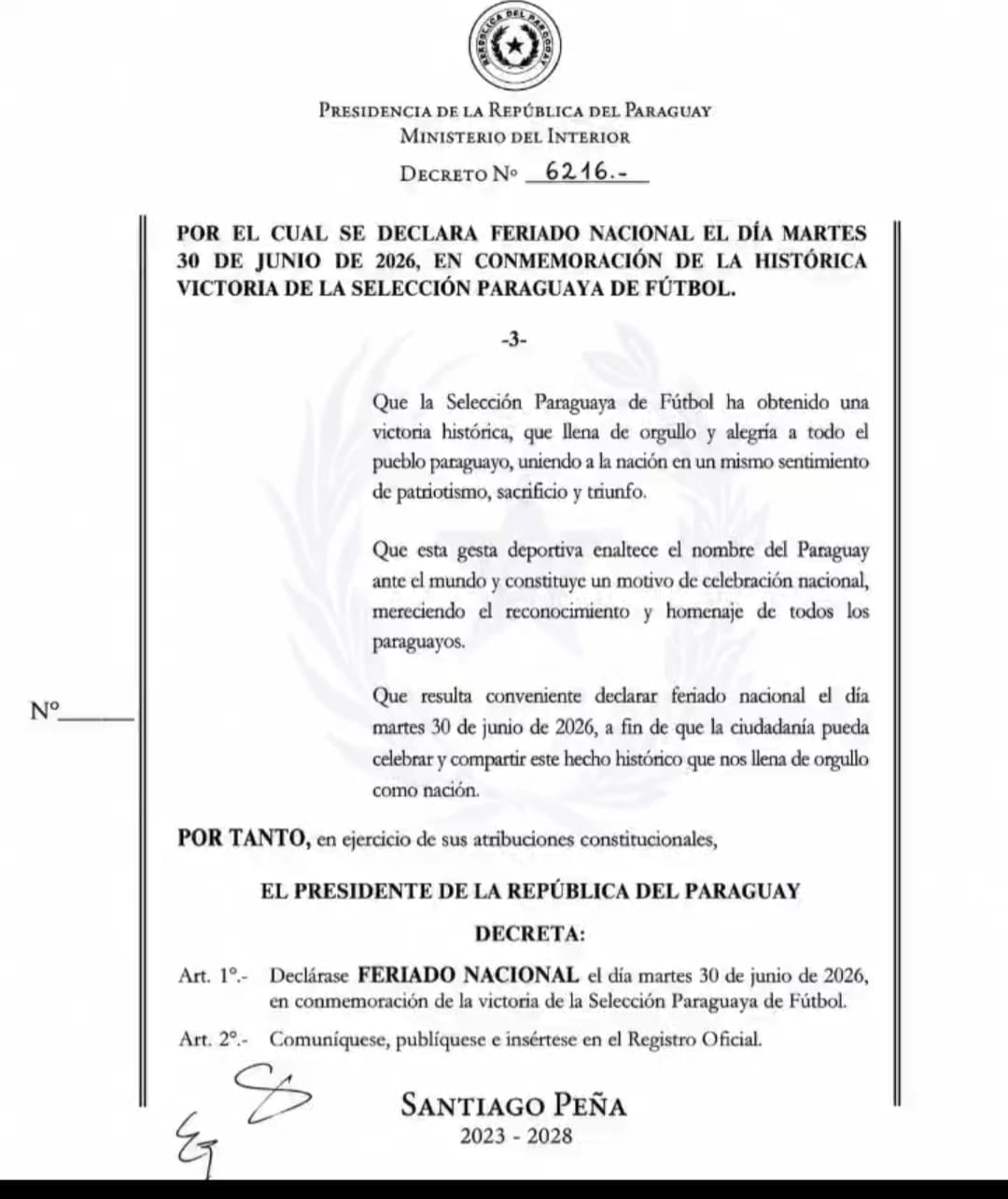 El decreto presidencial que declaró feriado nacional en Paraguay