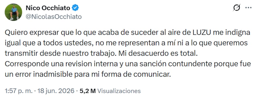 Nico Occhiato repudió el accionar de sus compañeros de Luzu TV (Foto: Captura X/@NicolasOcchiato)