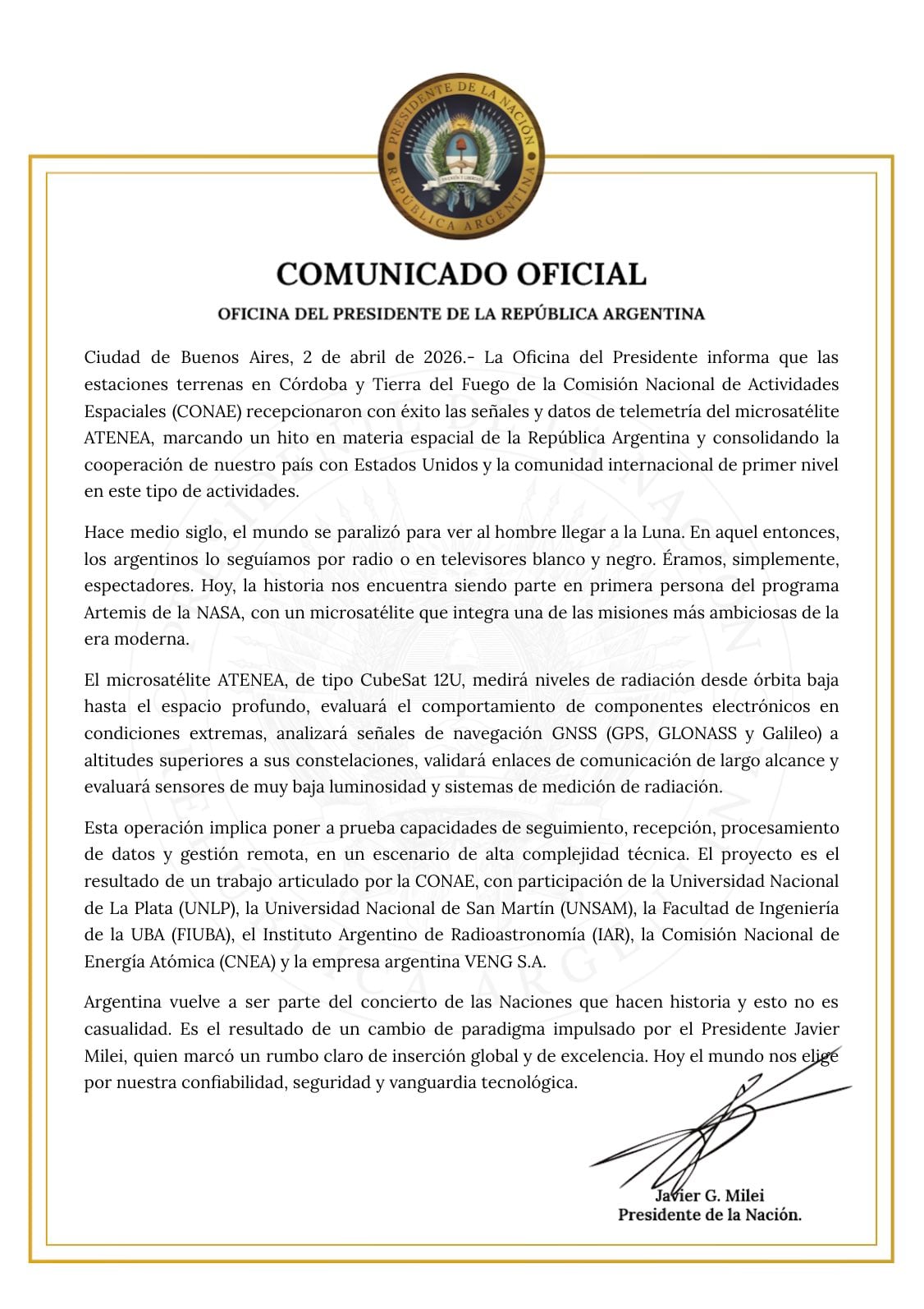 El comunicado que compartió la Oficina del Presidente