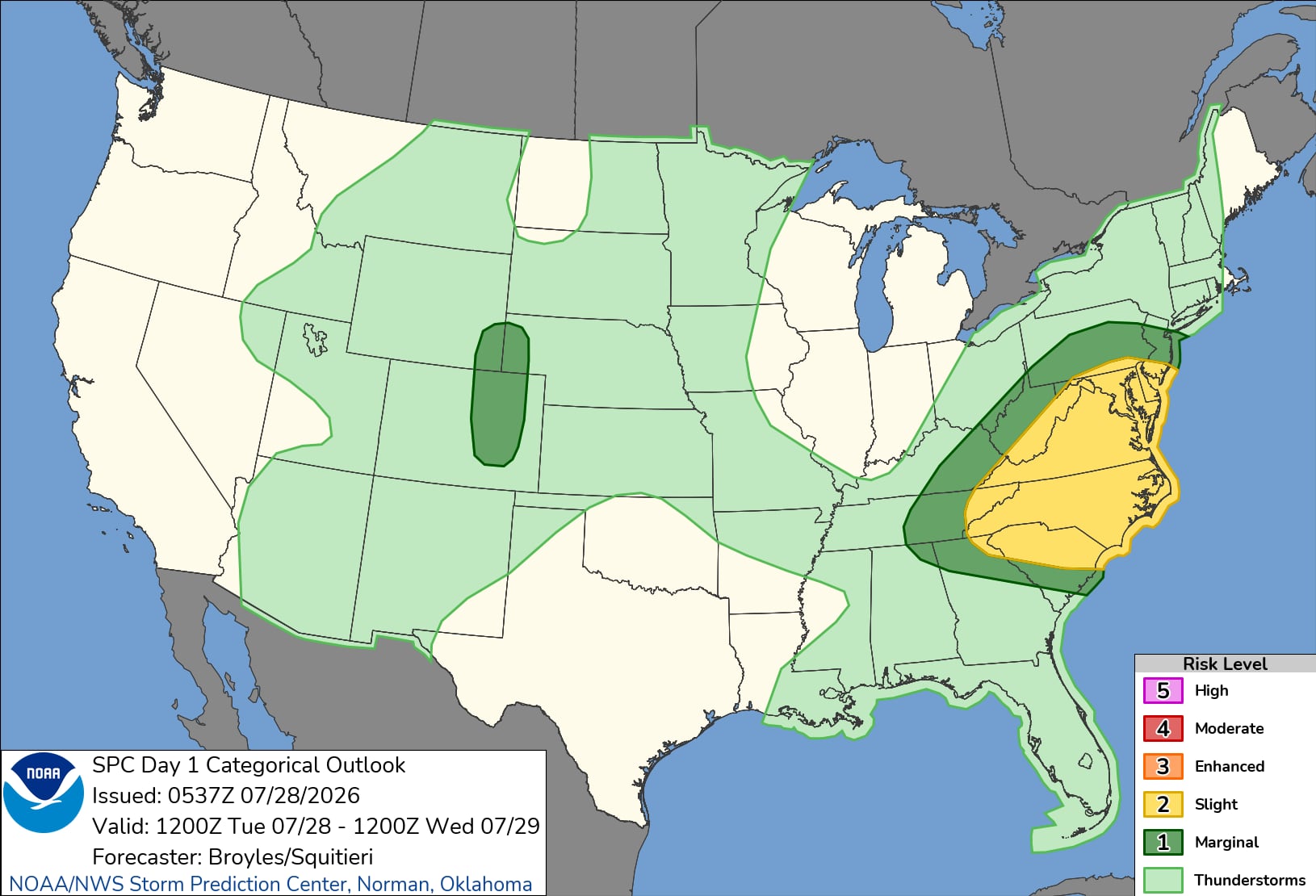 Gran parte de Virginia y Carolina del Norte se encuentran bajo un Nivel 2 de 5 de clima severo, con amenazas de vientos destructivos, granizo y tornados aislados