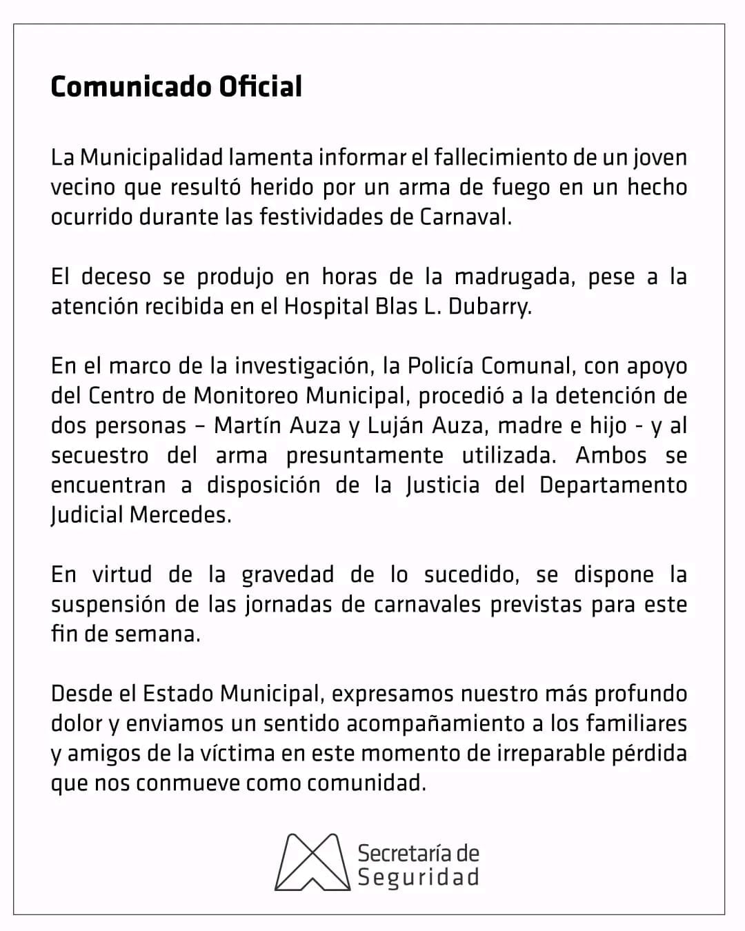 La municipalidad de Mercedes decidió suspender los festejos del carnaval
