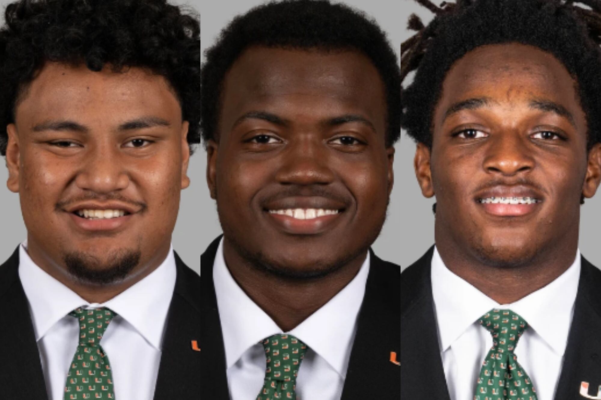 Francis Maugoia, Rueben Bain Jr. y Malachi Toney; los tres jugadores de los Miami Hurricanes nombrados como All-Americans