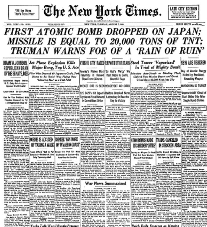 Enseguida The New York Times publicó un comunicado oficial de la Casa Blanca y del Departamento de Guerra de los Estados Unidos, anunciando que se había lanzado una bomba atómica sobre Japón, con un poder equivalente al de miles de toneladas de TNT.