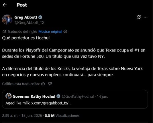 Greg Abbott protagonizó un fuerte cruce de palabras con la gobernadora de Nueva York, Kathy Hochul