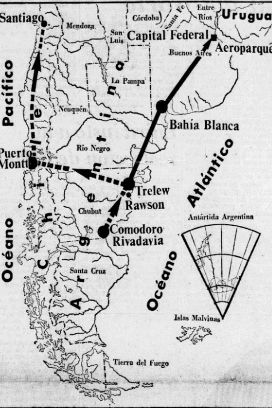 El mapa del recorrido del avión que llevó a los seis fugados de Rawson que apareció en la portada de LA NACION el 16 de agosto de 1972