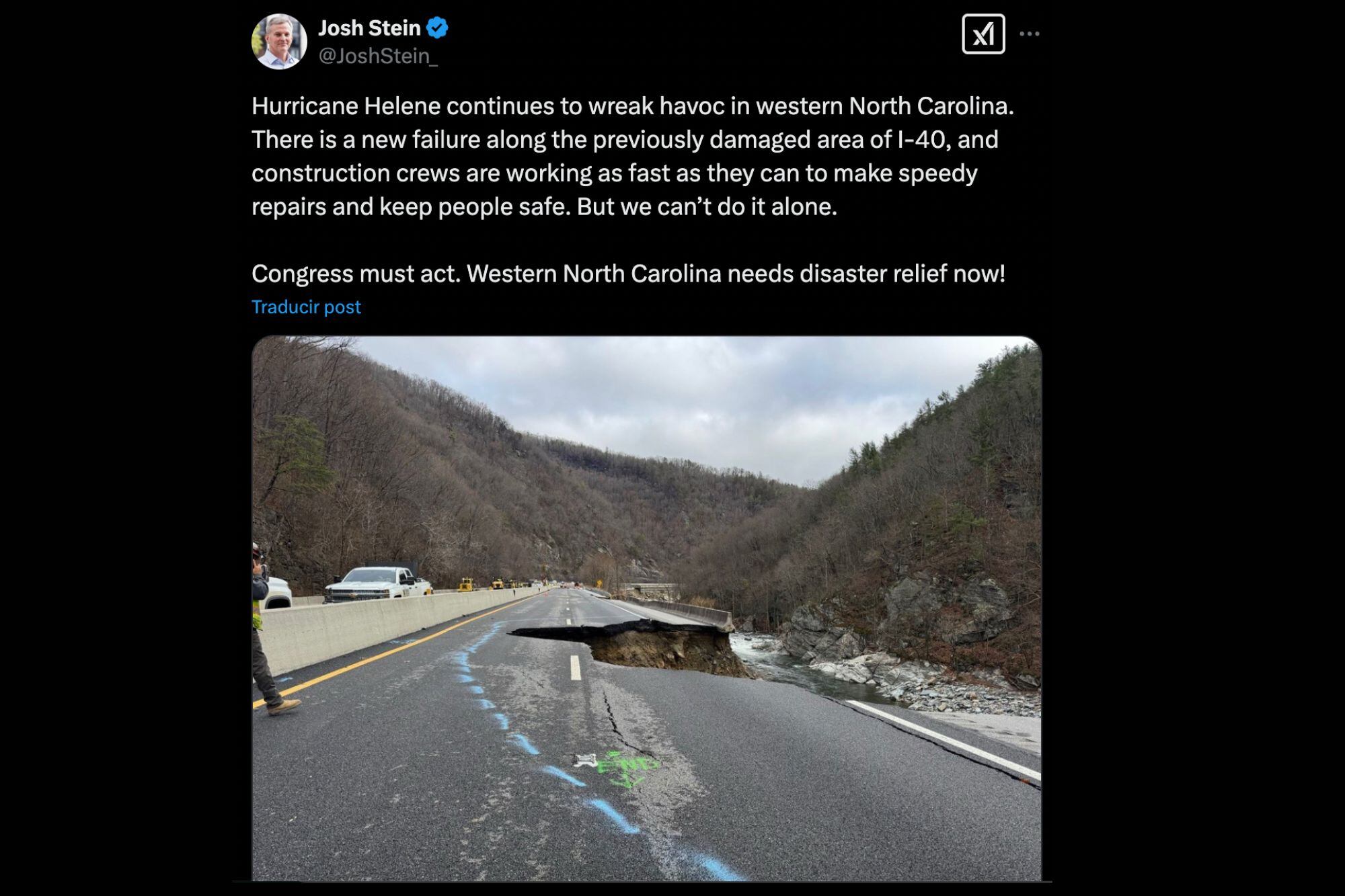 La publicación del gobernador sobre el estado de la carretera I-40 tras el paso del huracán Helene (X:@JoshStein_)