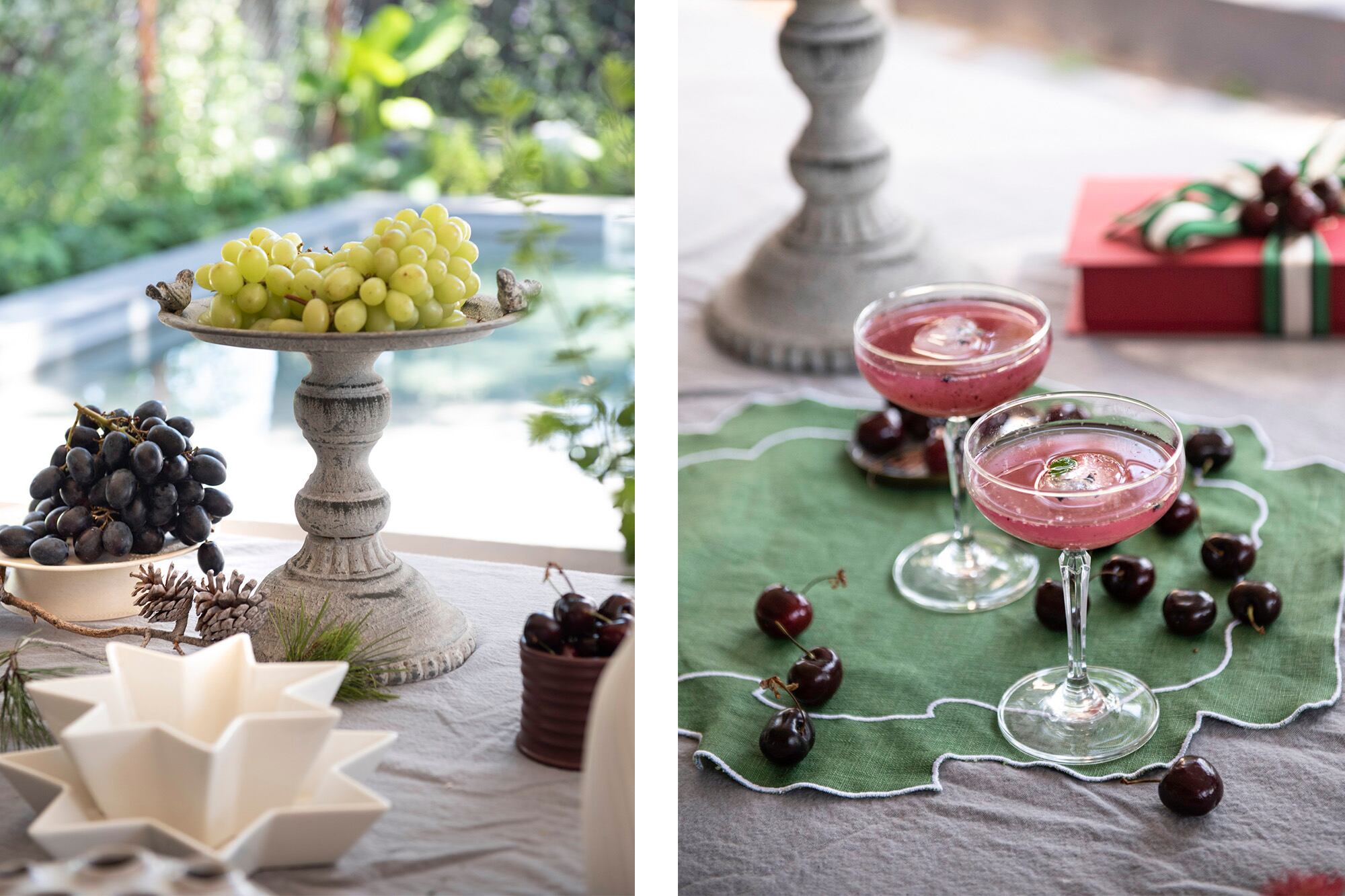 Las formas de las fuentes y los colores de las frutas aportan calidez y frescura a un rincón de la mesa.
Podemos sumar a los tragos hielos en forma de esfera con flores por dentro. No pueden faltar las cerezas, fruta estrella de las Fiestas en estas latitudes.