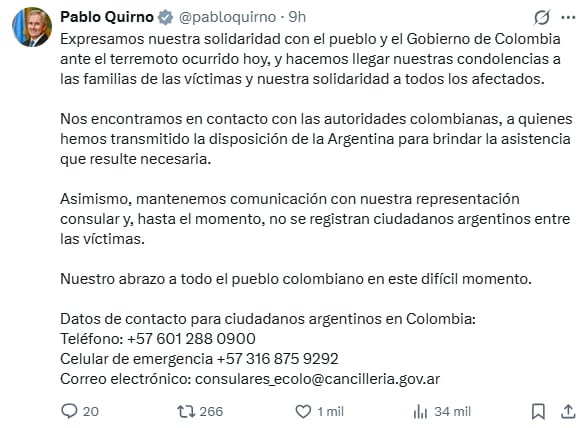 Buscan a un argentino de 69 años que está desaparecido en Colombia tras los terremotos 7 El tuit de Quirno luego de los terremotos