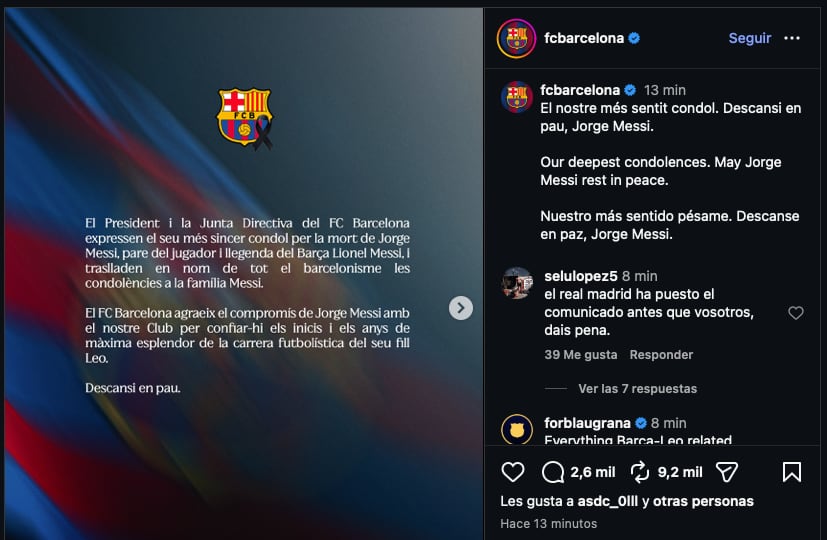 Murió Jorge Messi: los mensajes para despedir al padre de Lionel 12 Barcelona FC publicó un comunicado al respecto en sus redes sociales - Instagram: @fcbarcelona