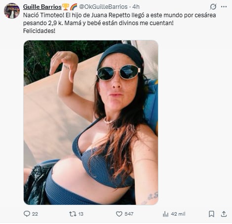 El posteo de Guillermo Barrios sobre el nacimiento de Timoteo