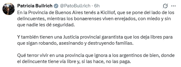 Patricia Bullrich lanzó un tiro por elevación al fallo de Pascual y criticó a la gestión de Kicillof