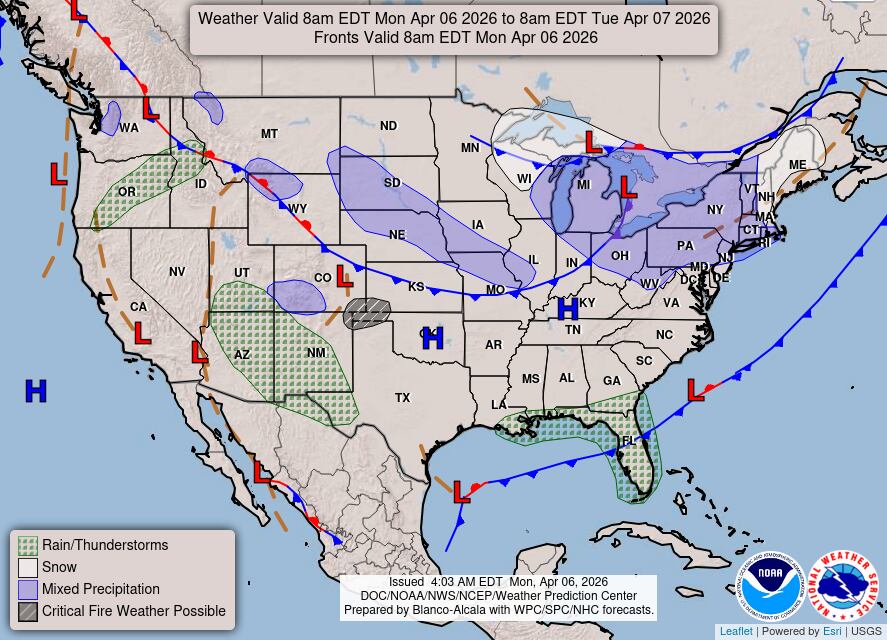 El ingreso de un sistema frontal frío desde Canadá generará precipitaciones en forma de nieve y mezcla invernal en regiones clave como los Grandes Lagos y Nueva Inglaterra durante este lunes
