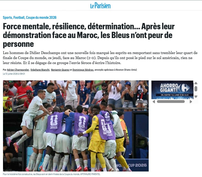 Le Parisien, diario francés luego del pase de Francia a semifinales de la Copa del Mundo 2026.