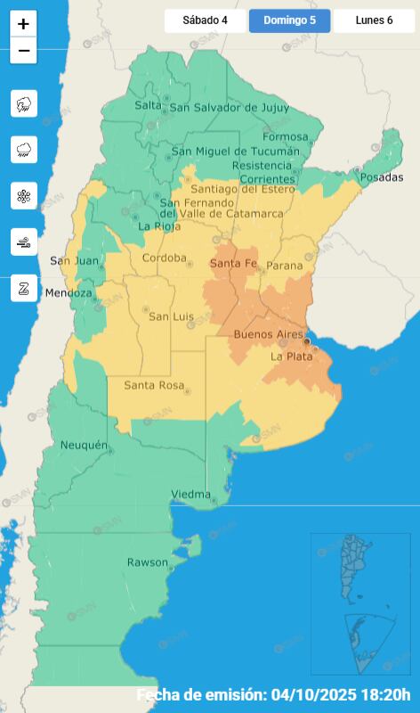 Las alertas emitidas por el SMN para este domingo 5 de octubre.