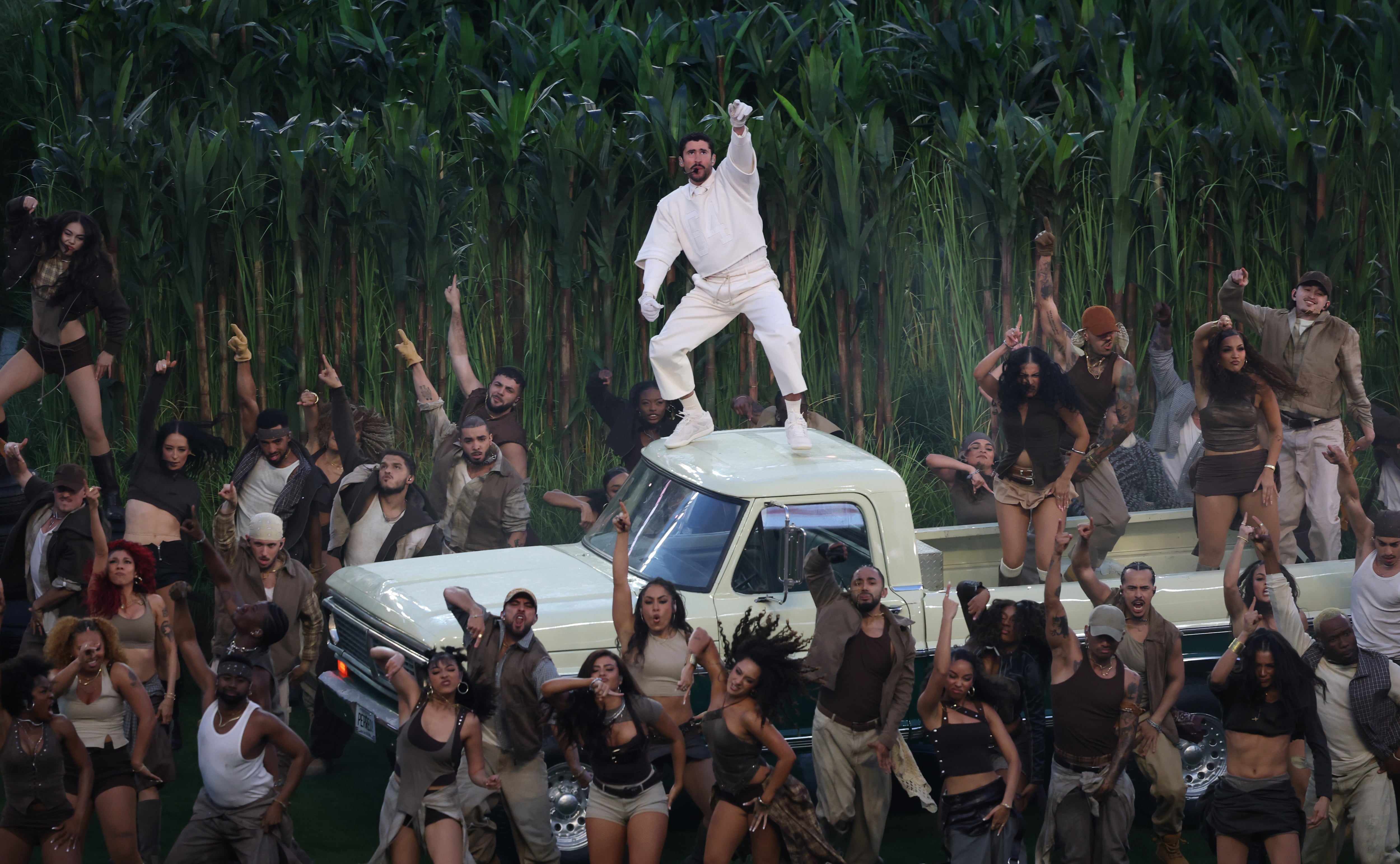 Santa Clara, CA - February 08: Bad Bunny performs onstage during the Apple Music Super Bowl LX Halftime Show at Levi's Stadium on February 08, 2026 in Santa Clara, California. (Eric Thayer / Los Angeles Times via Getty Images)