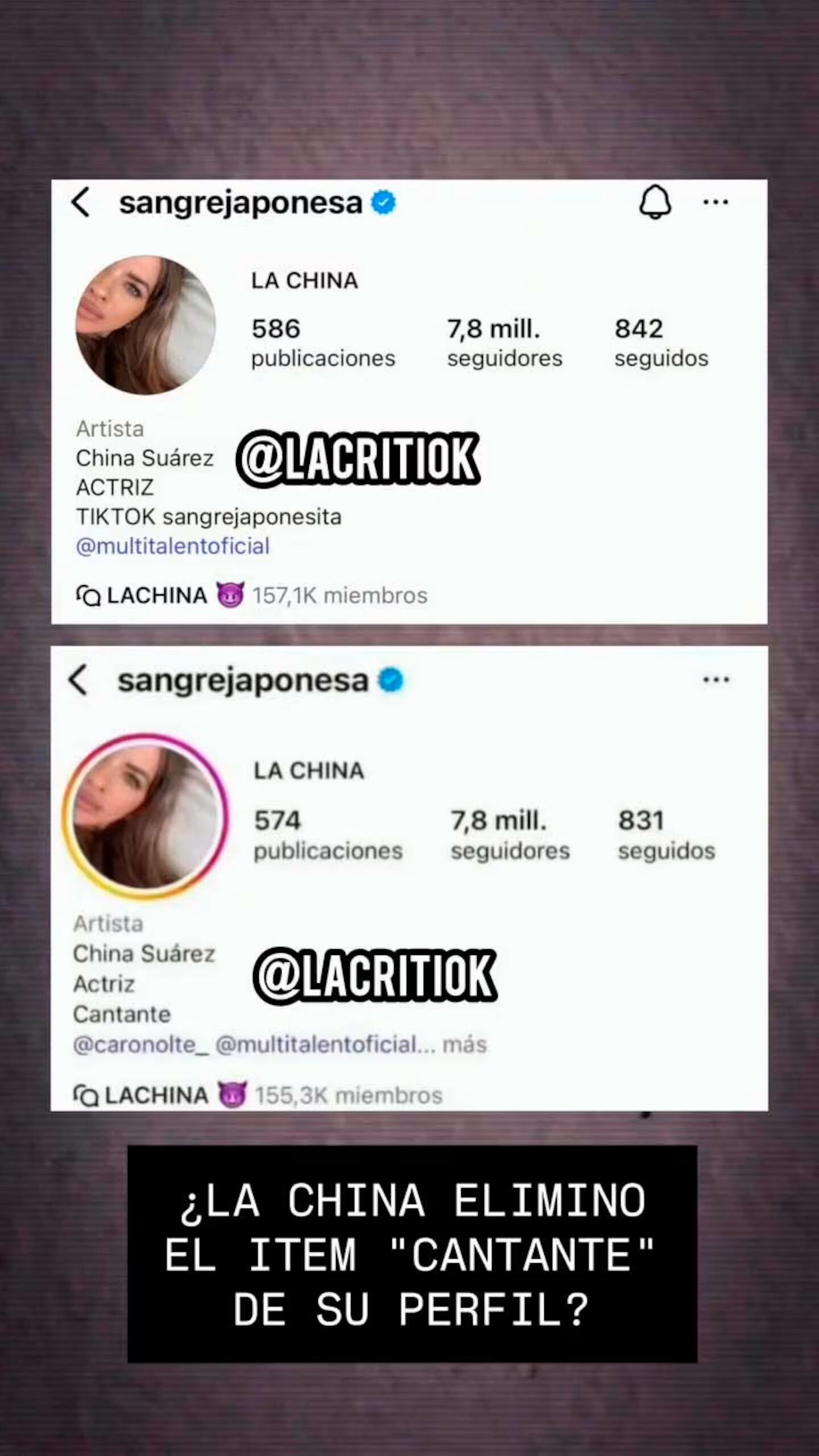 La China Suárez borra de su descripción la palabra 'Cantante' para centrarse en la actuación.