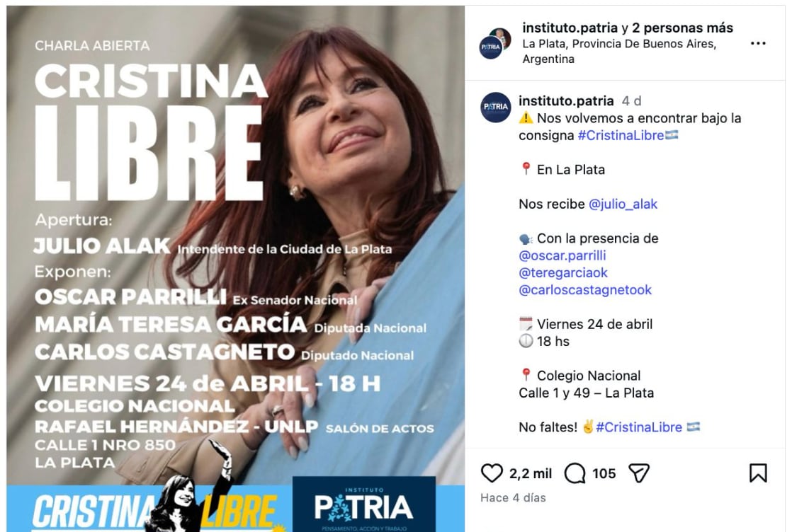 El flyer fuer compartido a través de la cuenta de Instagram del Instituto Patria