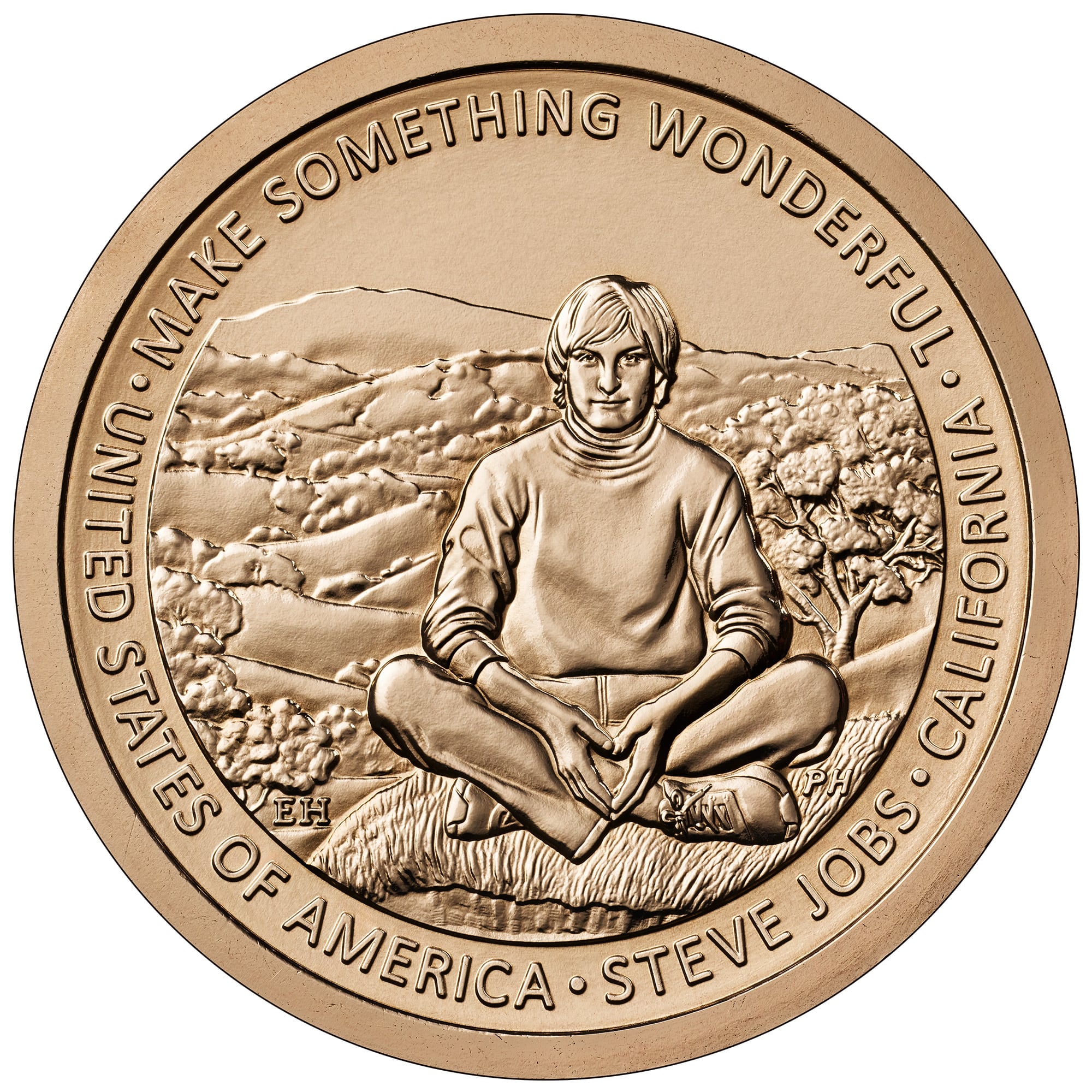 Imagen de un joven Steve Jobs sentado en el suelo y rodeado de un paisaje Californiano (usmint.gov)
