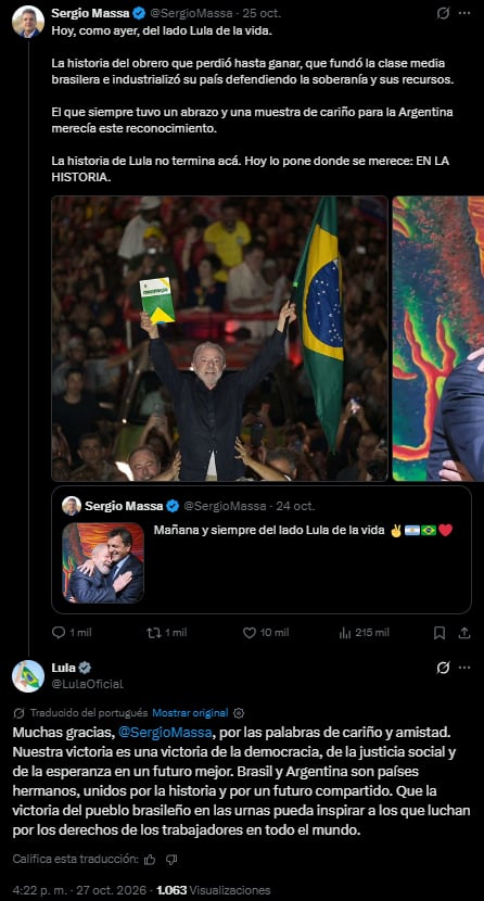 El posteo de Sergio Massa y el agradecimiento de Lula