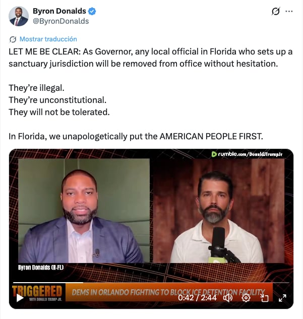 Byron Donalds apuntó contra los alcaldes que intenten instalar ciudades santuario