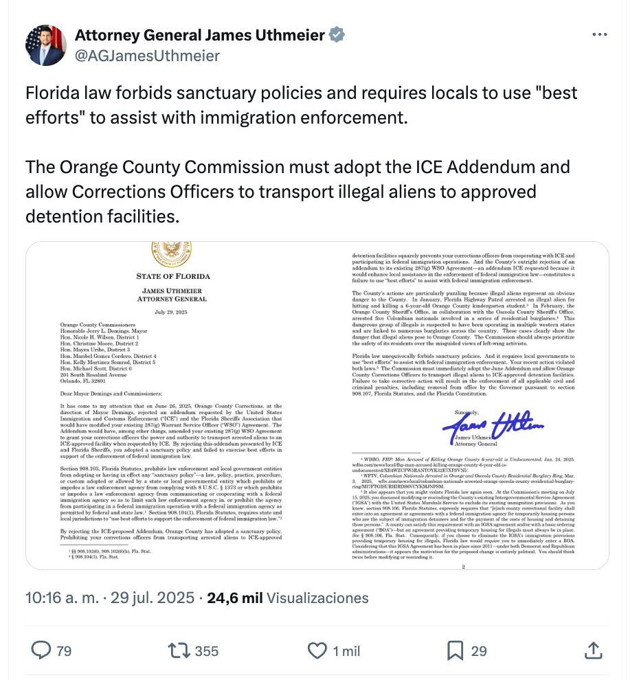 El funcionario acusó que la ley de Florida prohíbe las políticas de santuario