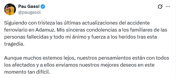 El mensaje en X del basquetbolista Pau Gasol