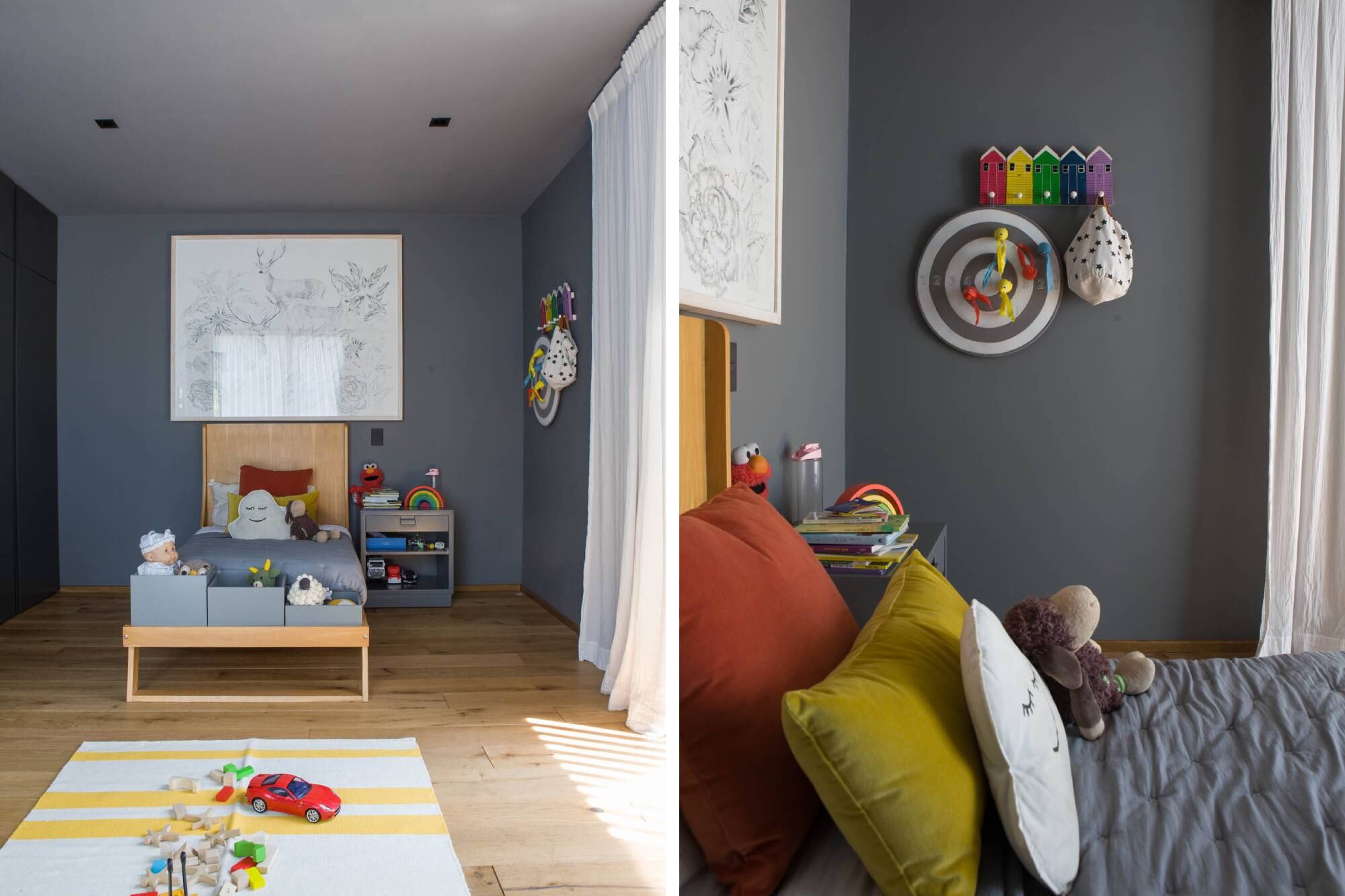 En el cuarto infantil, cama con cajones de altura “descendente” que ocupan el pie de la cama y se quitan cuando llega el momento de un colchón más grande (Krethaus). Cuadro sobre respaldo de cama (Melina Villar)