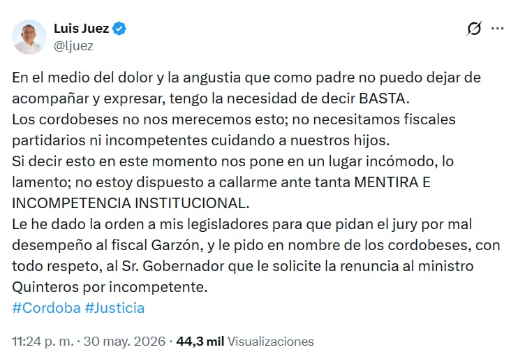 El posteo en el que Juez interpeló al ministro Quinteros
