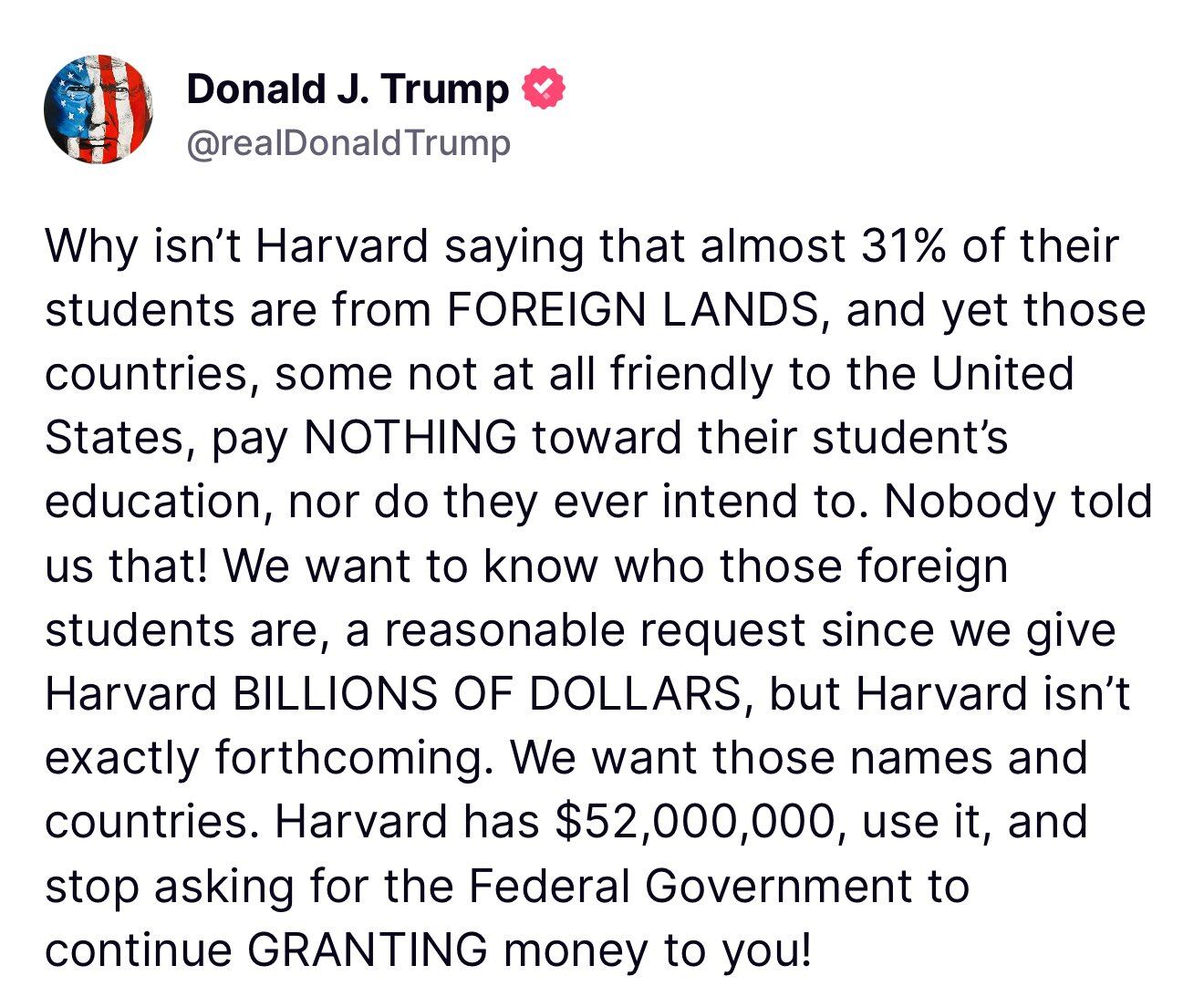 Donald Trump se manifestó ayer en contra de la negativa de la Universidad a presentar una lista detallada de los estudiantes extranjeros